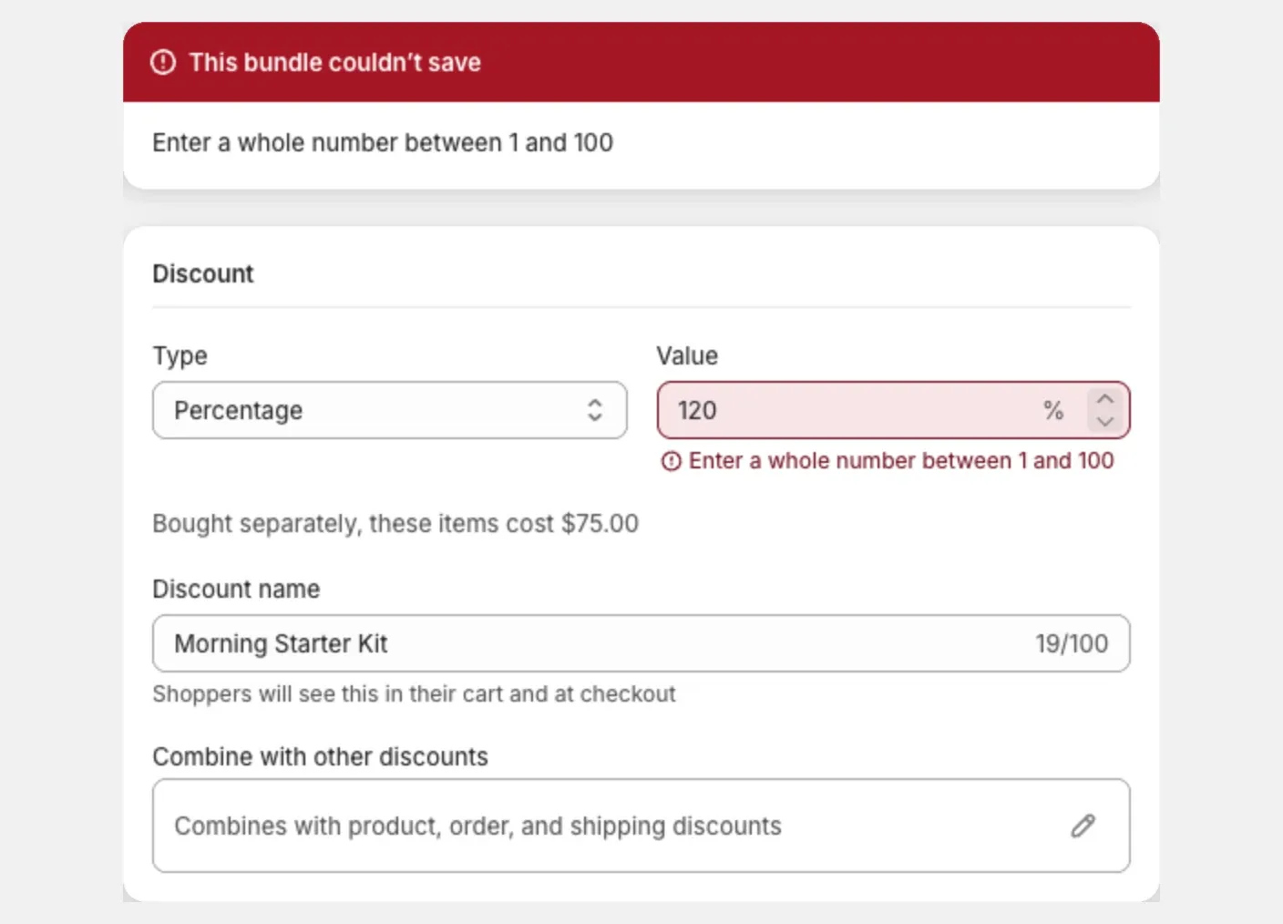 The red This bundle couldn't save banner above the Discount section, with the Value field marked and its message under it