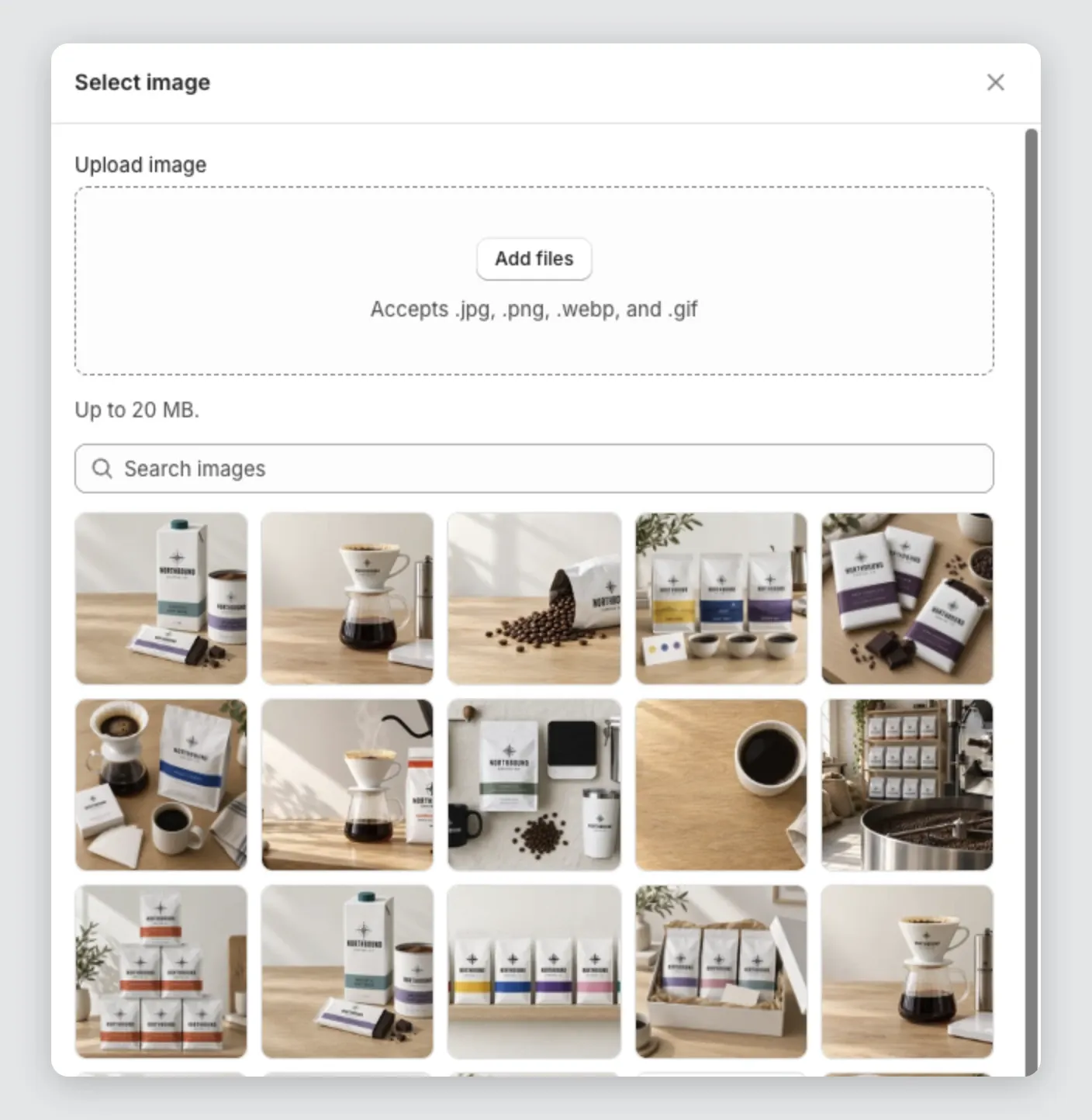 The Select image window with the Search images field, the Add files button and the store's images
