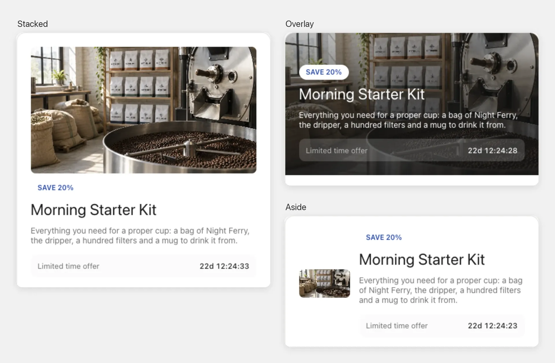 The same bundle header shown with the Stacked, Overlay and Aside styles