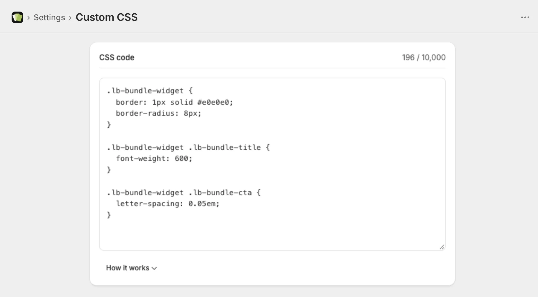 The Custom CSS page with CSS in the code field and the character counter under it