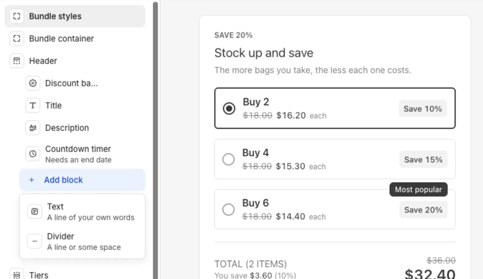 The Add block menu open under Header in the Customize editor, offering Text and Divider
