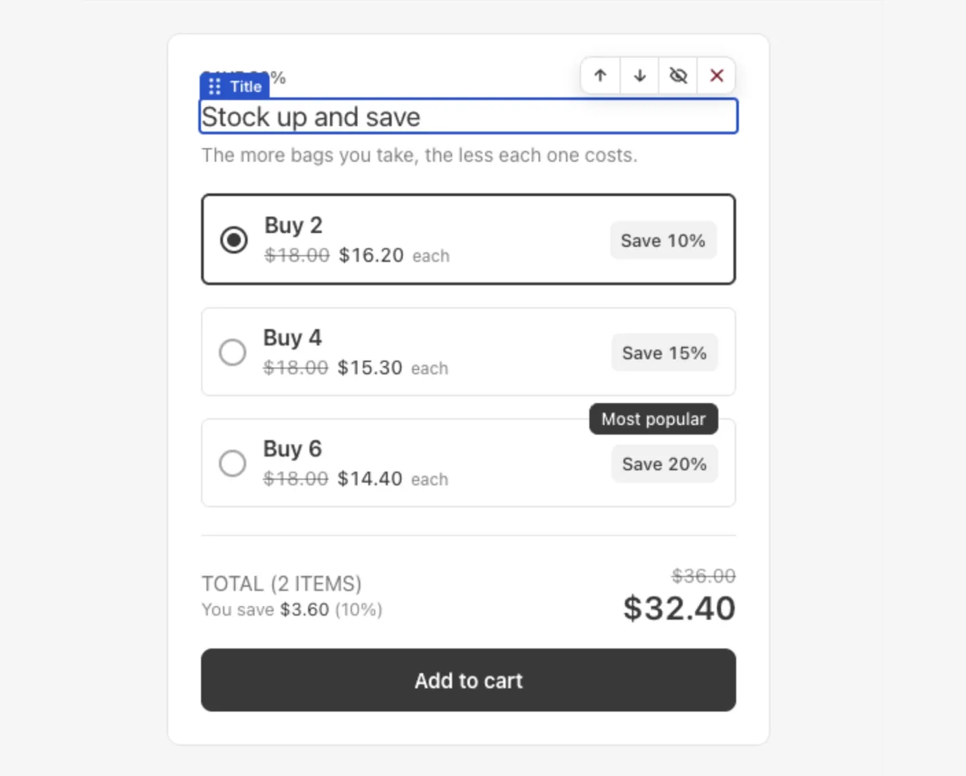 A block selected in the preview, with its toolbar of move, hide and remove buttons