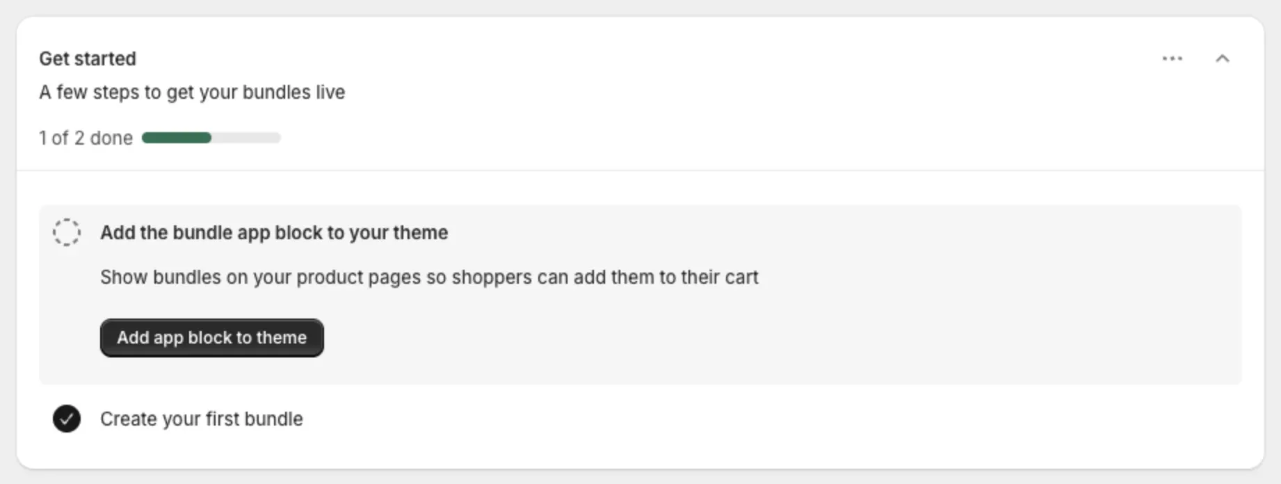 The Get started guide on the Home page with the Add app block to theme button