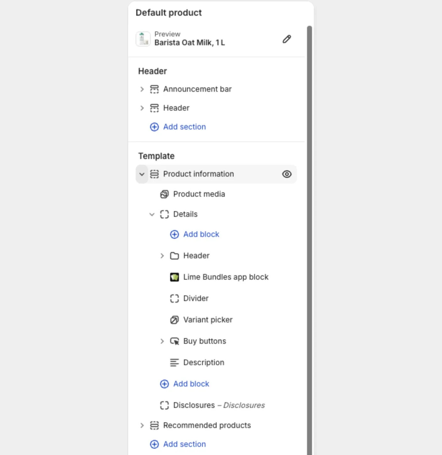 The theme editor's section list with Lime Bundles app block inside the product information section