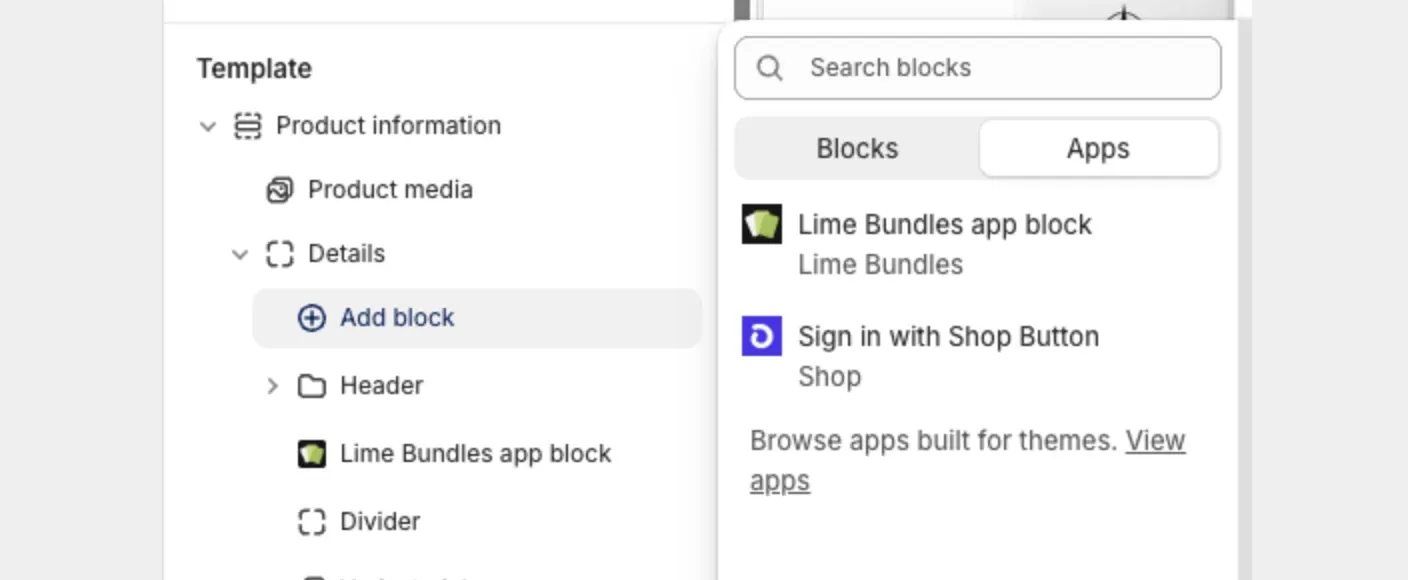 The theme editor's Add block menu on the Apps tab, listing Lime Bundles app block