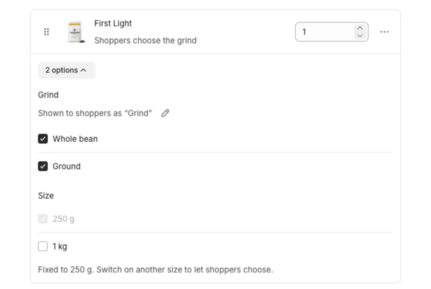 A product's options open on a bundle product, with Grind values ticked and the line Shown to shoppers as Grind