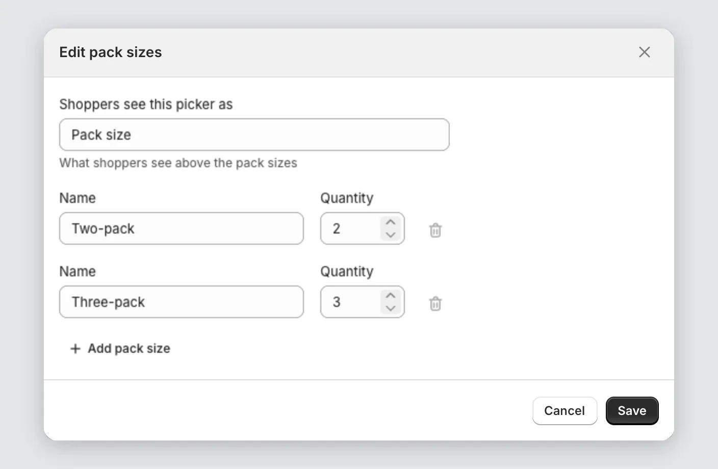 The pack sizes window with a Two-pack and a Three-pack