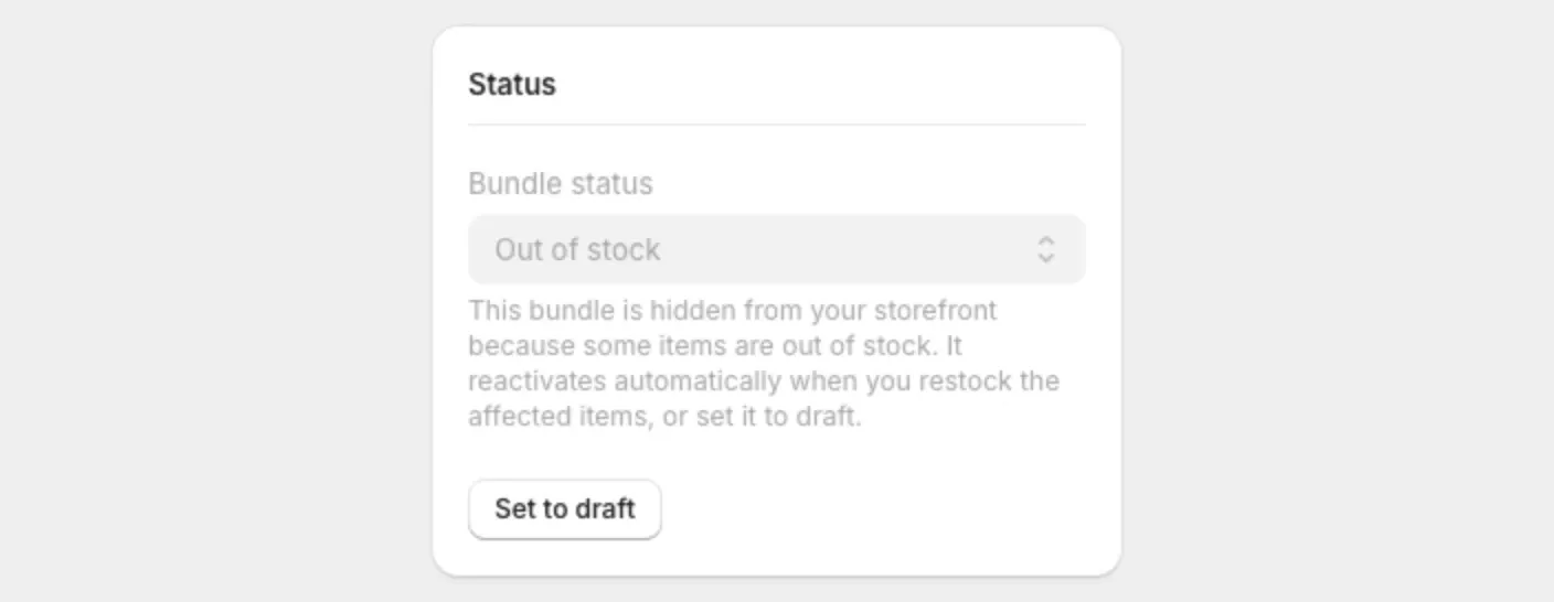 The Status card locked on Out of stock, with the Set to draft button