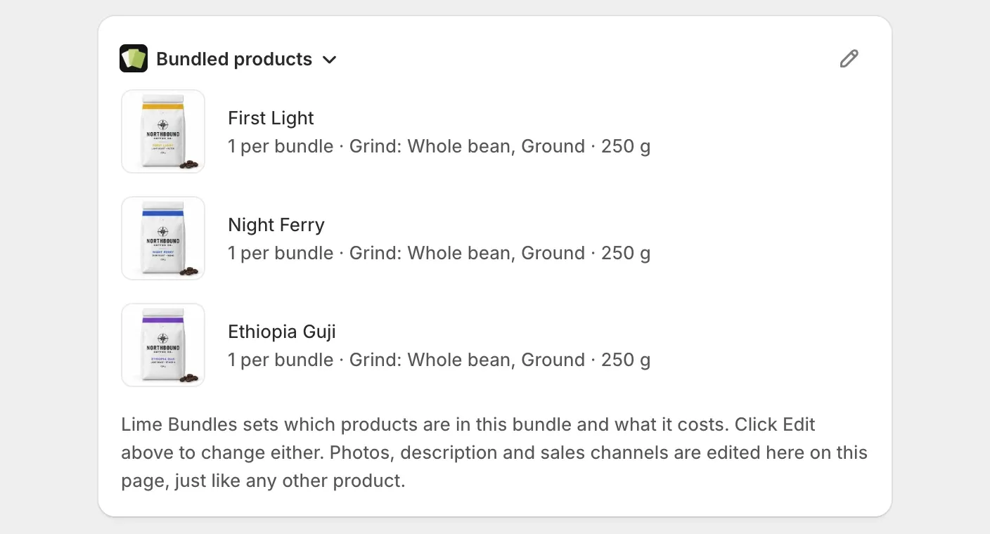 The Bundled products card on a bundle product's page in Shopify, listing the three products in the bundle