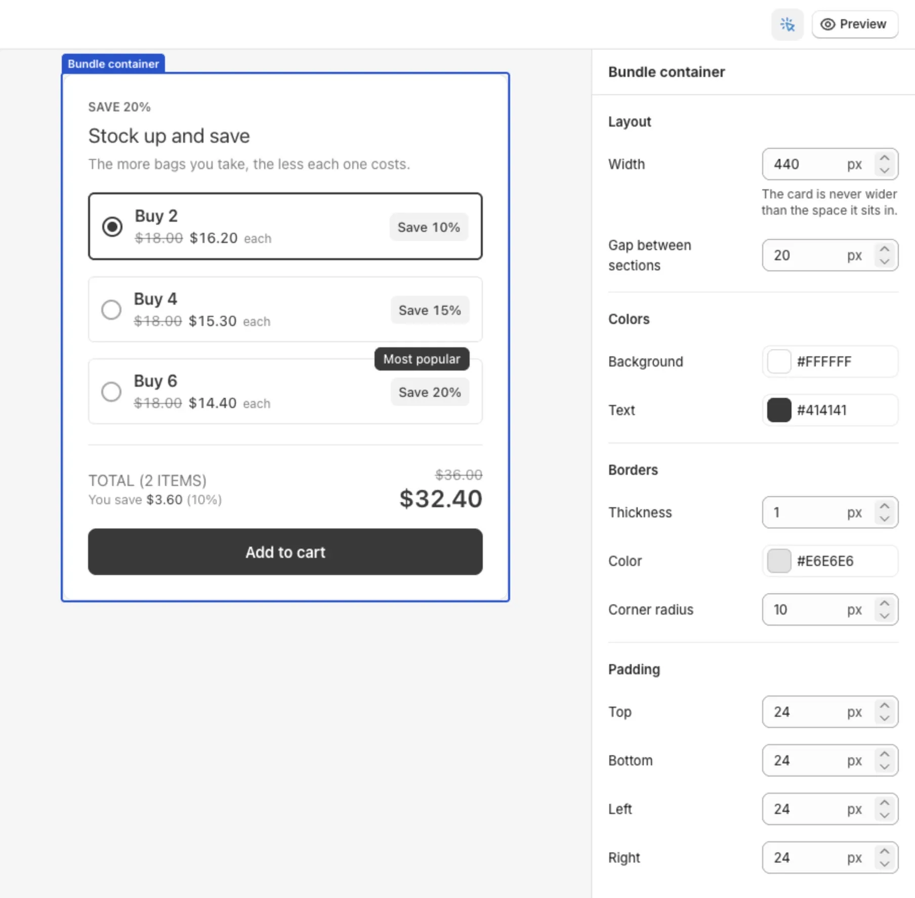 The Bundle container settings in the Customize editor, with Layout, Colors, Borders and Padding
