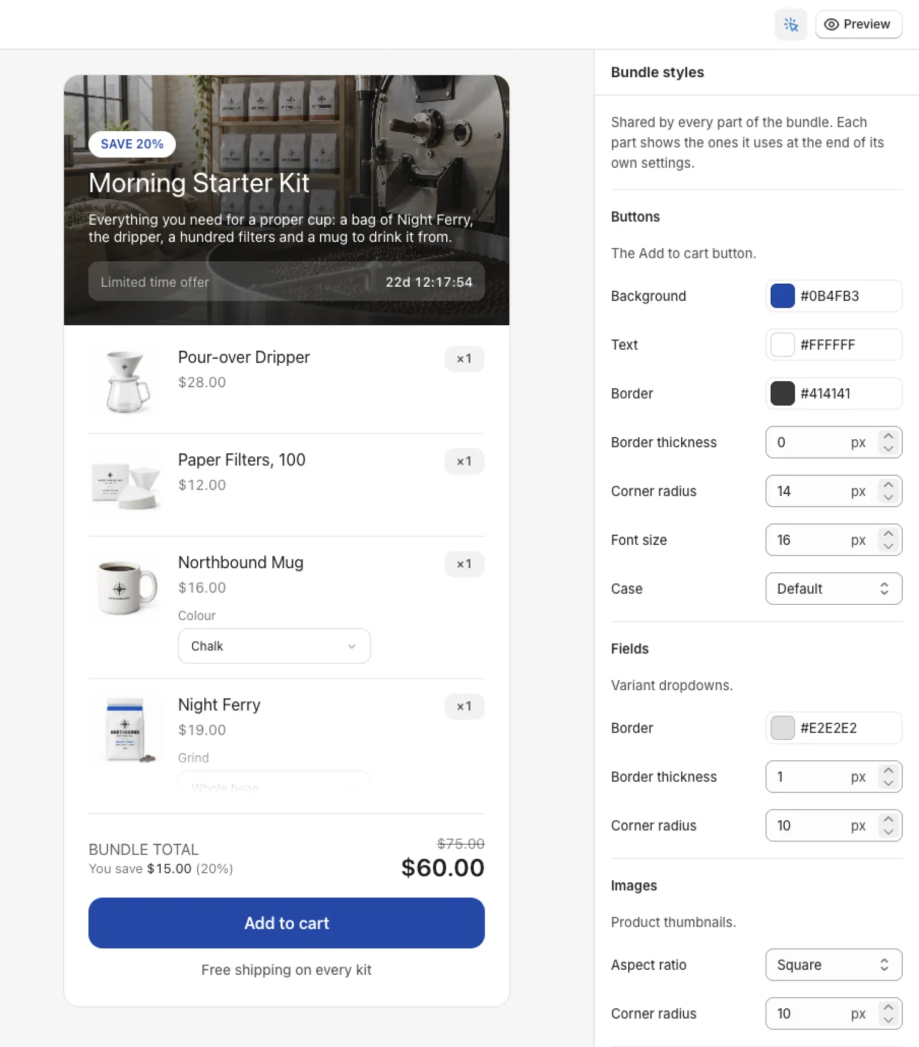 The Bundle styles settings in the Customize editor, showing the Buttons, Fields and Images groups