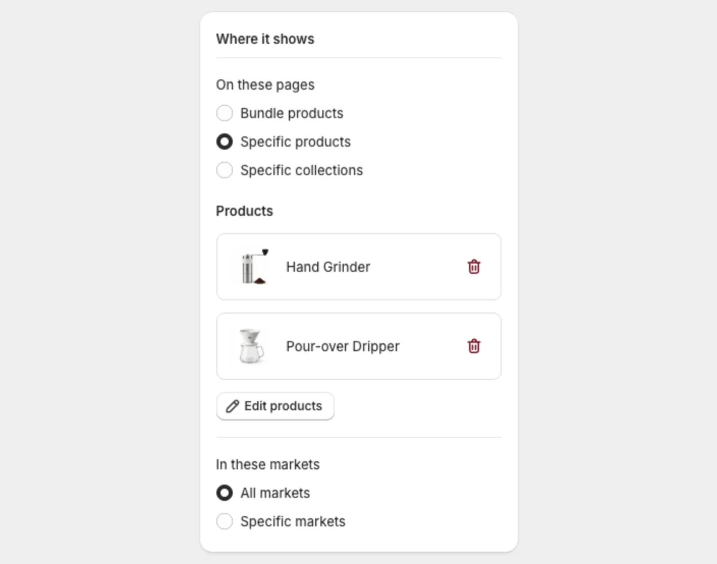 The Where it shows card with On these pages set to Specific products and two products selected