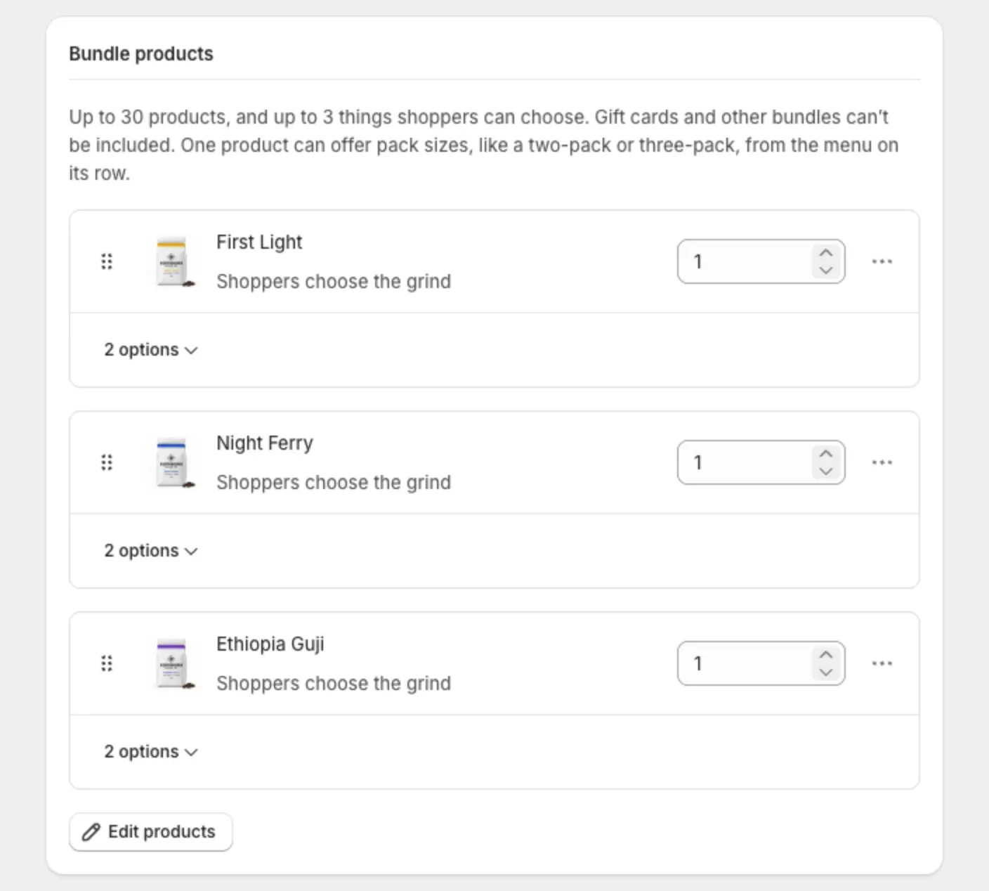 The Bundle products section of a bundle product, with three products and their quantity fields