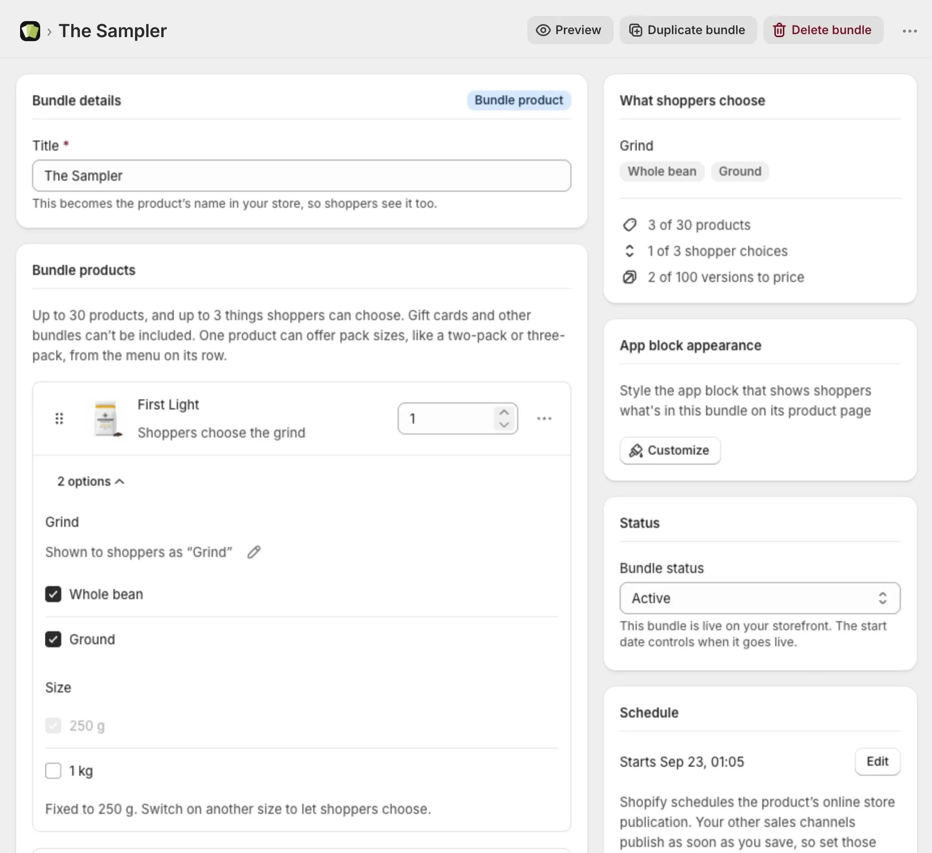 A bundle product's options open, with checkboxes for each value, and the What shoppers choose card beside it