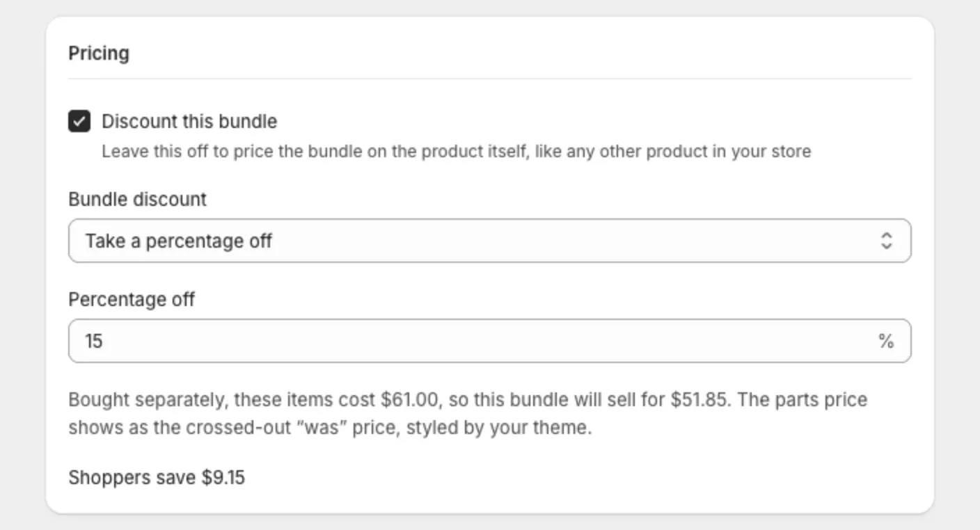 The Pricing section with Discount this bundle ticked and a percentage entered