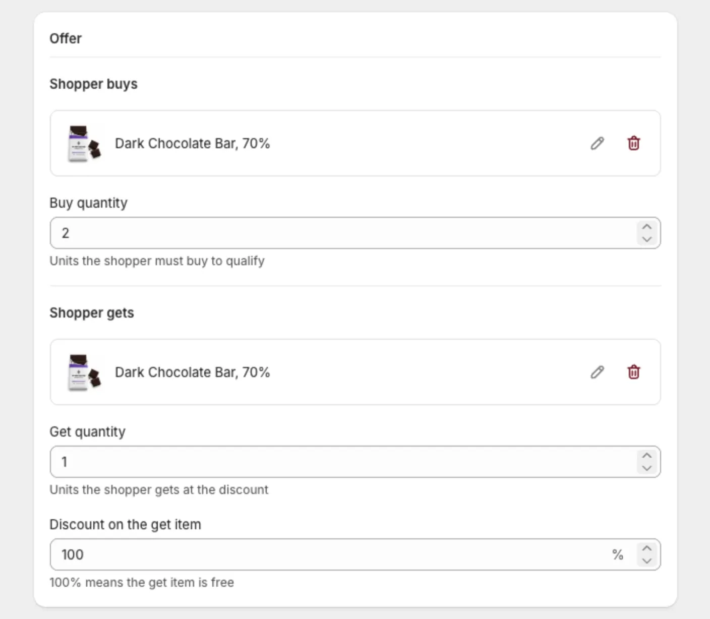The Offer section with a product under Shopper buys and the same product under Shopper gets