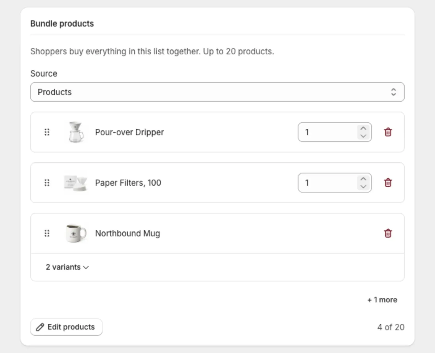 The Bundle products section of a fixed bundle, with products and their quantity fields