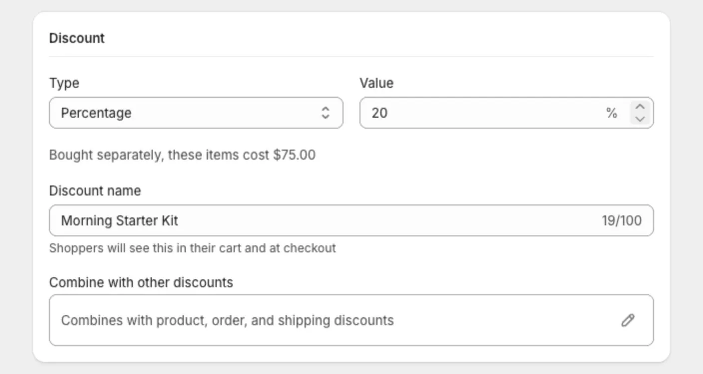 The Discount section with Type, Value and Discount name filled in