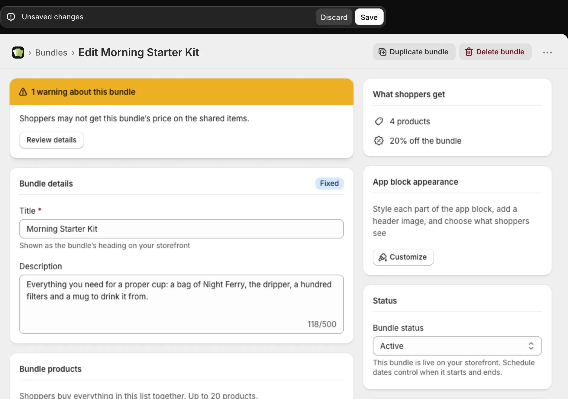 Shopify's save bar at the top of the page and the Status card set to Active