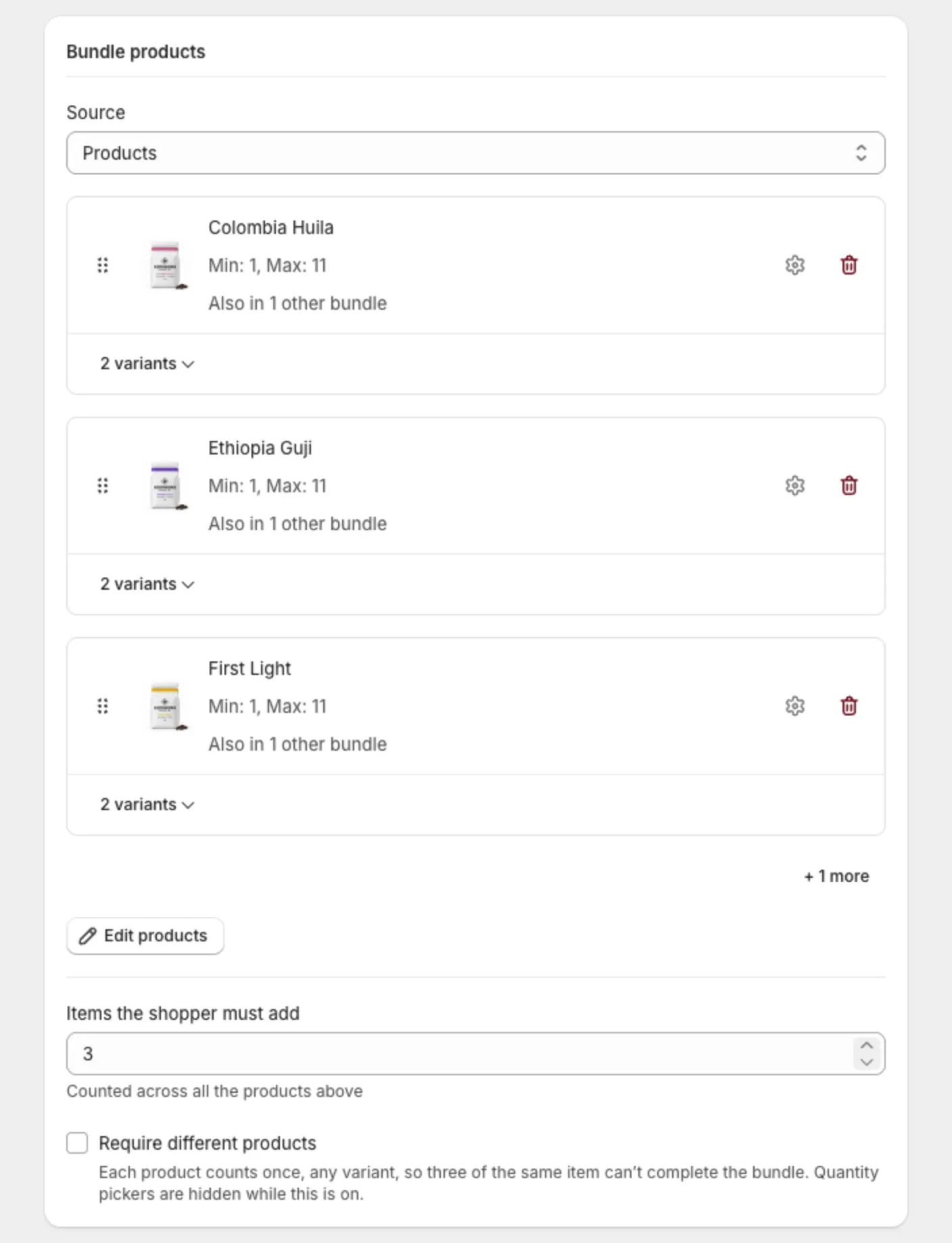 The Bundle products section of a mix and match bundle, with Source set to Products and four products selected