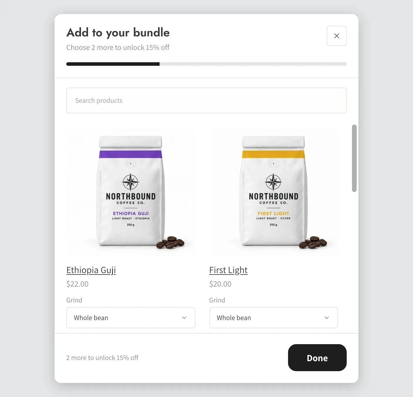 The product pop-up on the storefront with a search field and product cards