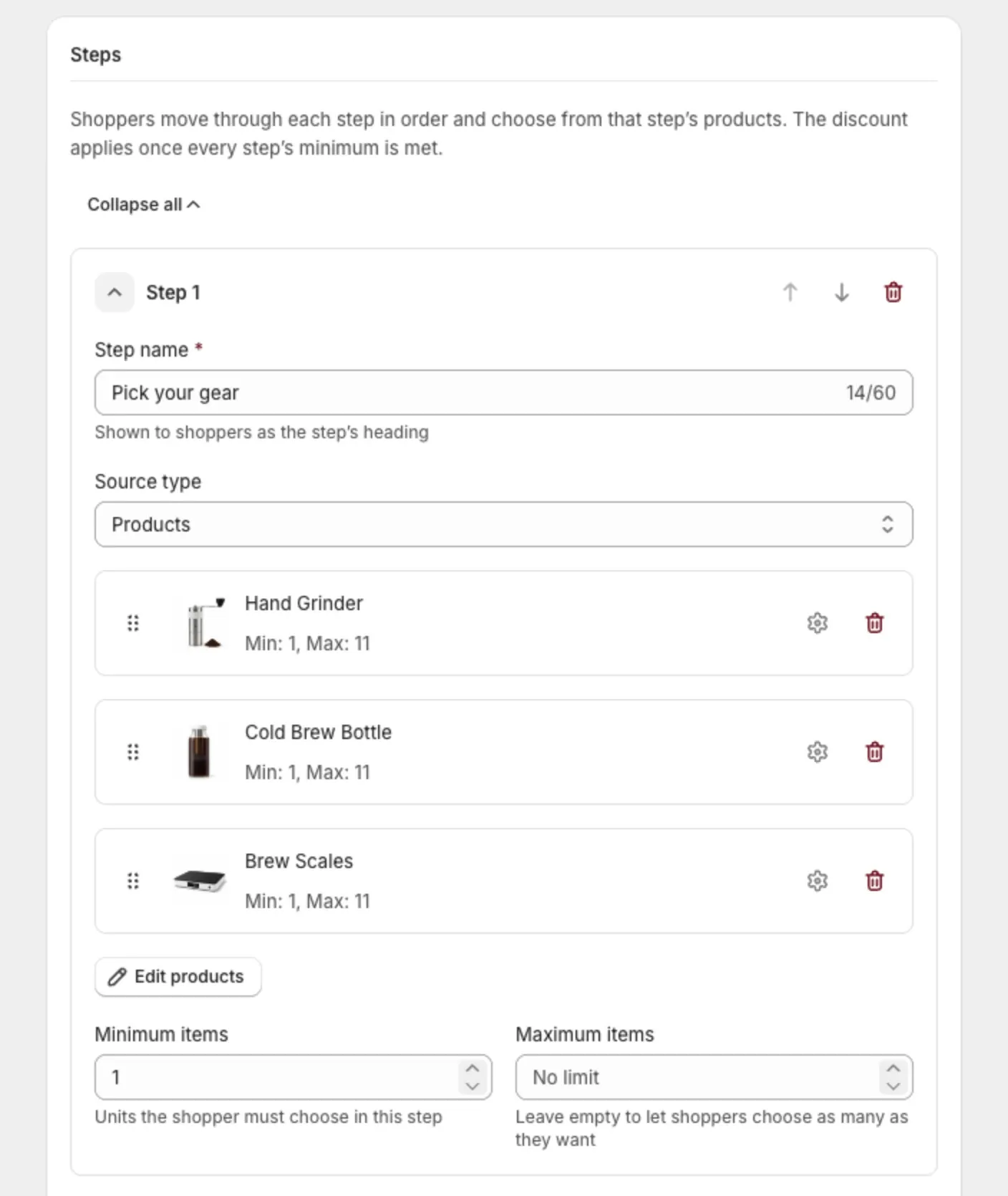 A step open in the Steps section, showing its name, source, products and item limits