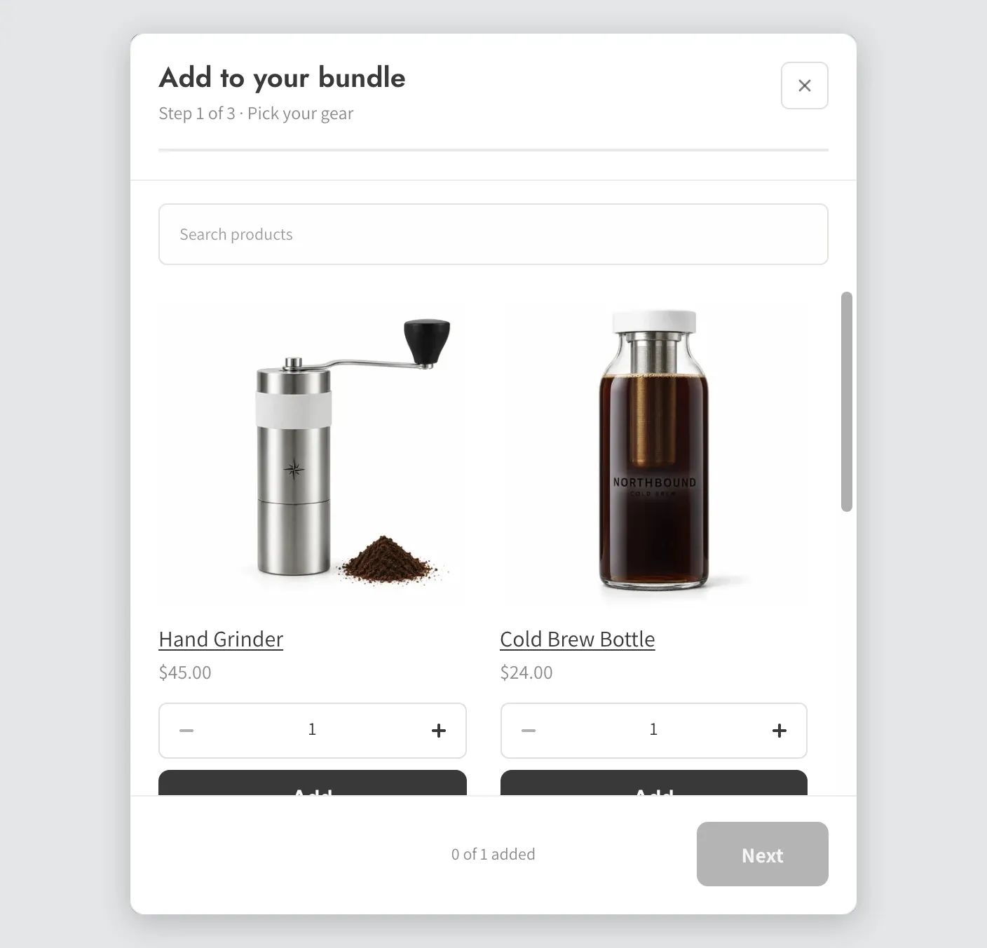 The multi-step pop-up on the storefront showing Step 1 of 3 and the product cards