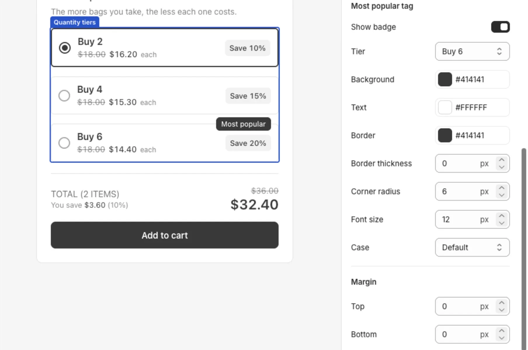 The Customize editor with Quantity tiers selected and the Most popular tag settings