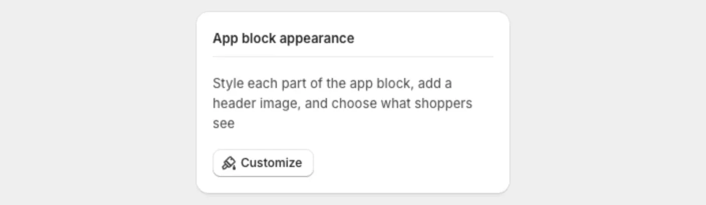 The App block appearance card on a bundle page with the Customize button