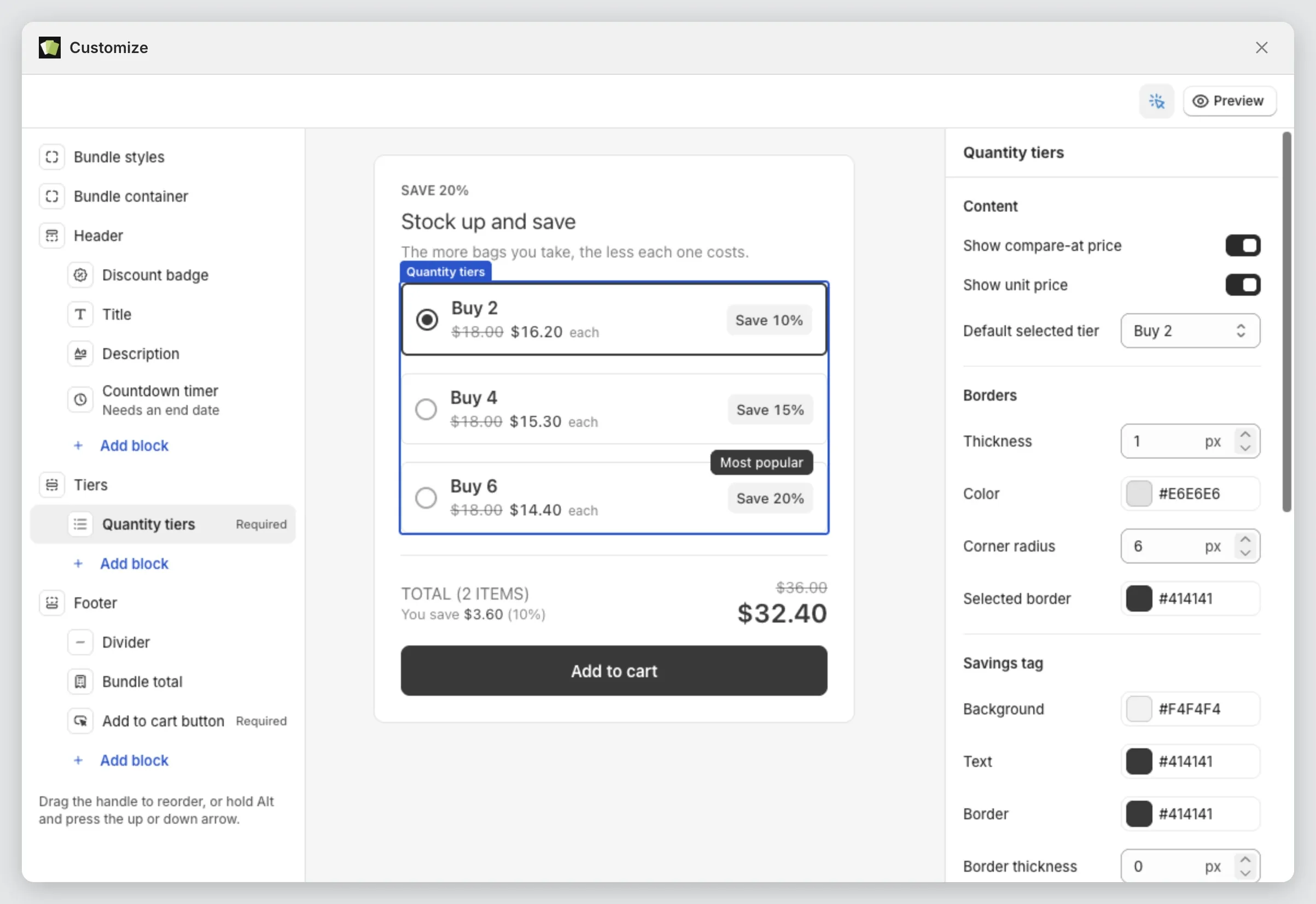 The Customize editor with the sections list on the left, the preview in the middle and the settings on the right