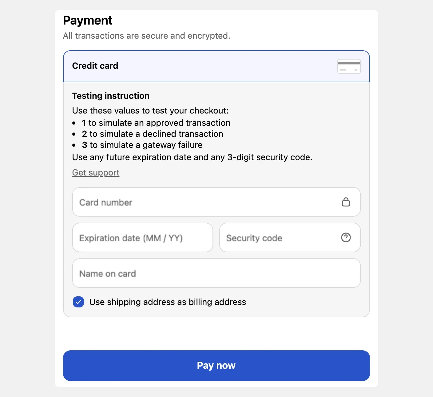 The payment step at checkout on a development store, showing the test gateway's instructions