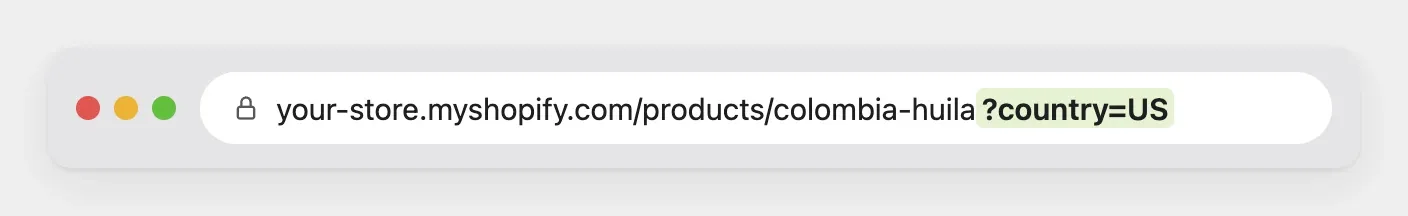 A browser address bar with ?country=US at the end of a product page address