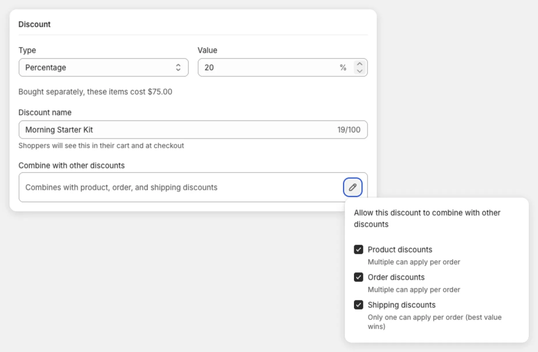 The Discount section with the combinations box open and its three checkboxes