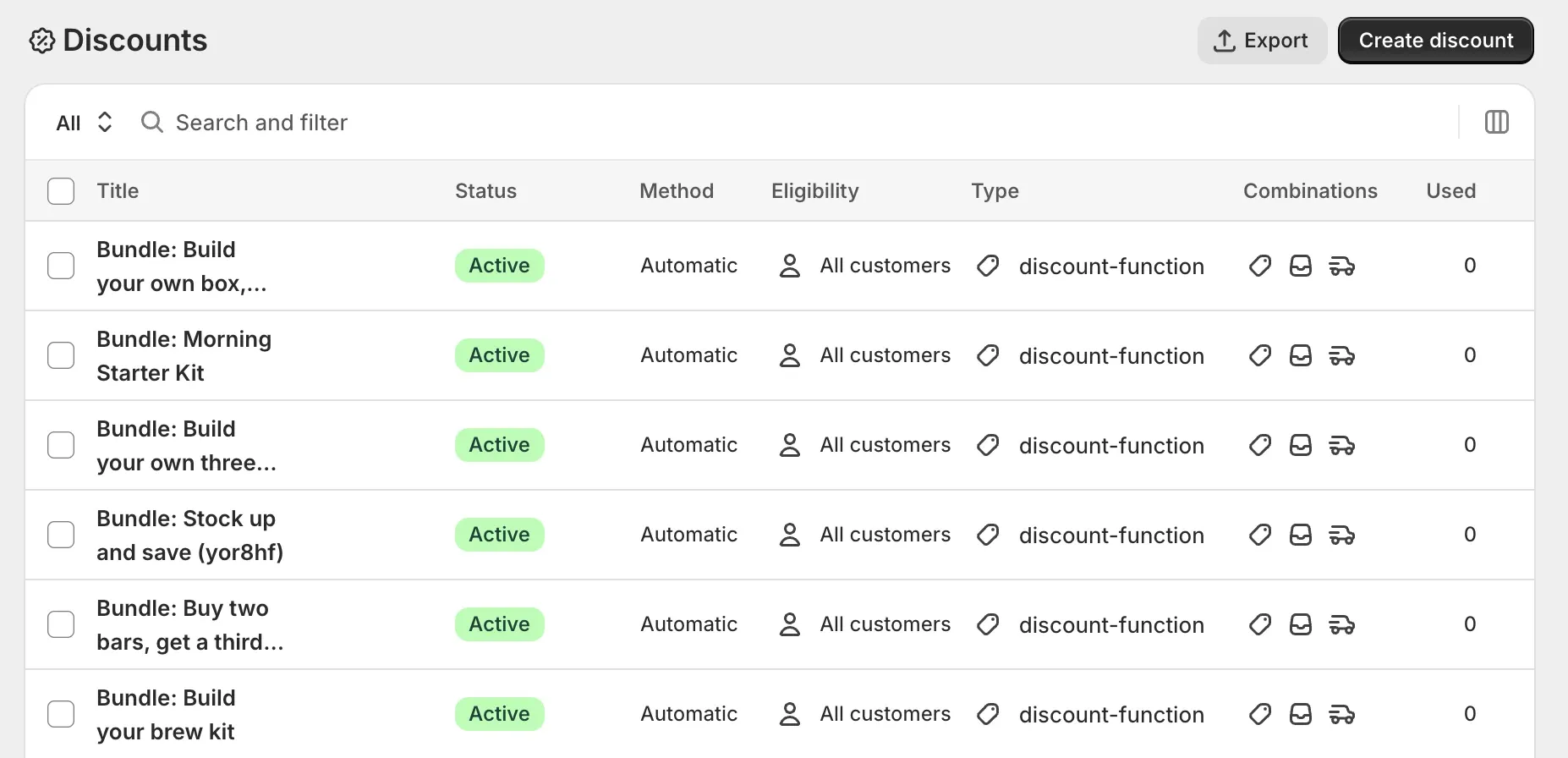 Shopify's Discounts page with Bundle discounts listed as Active