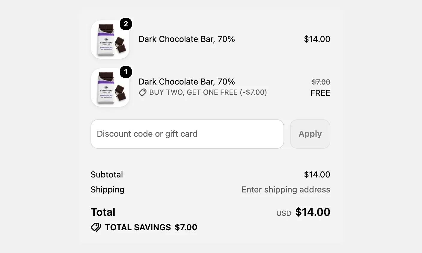 A checkout order summary showing the bundle's discount name and the amount saved