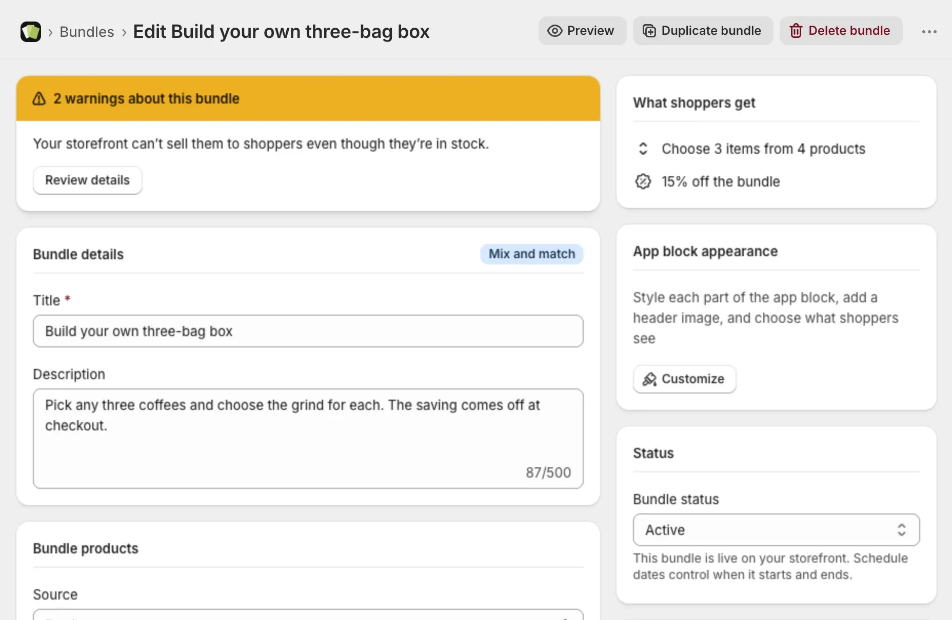 A bundle page with the warning banner saying the storefront can't sell some products even though they're in stock