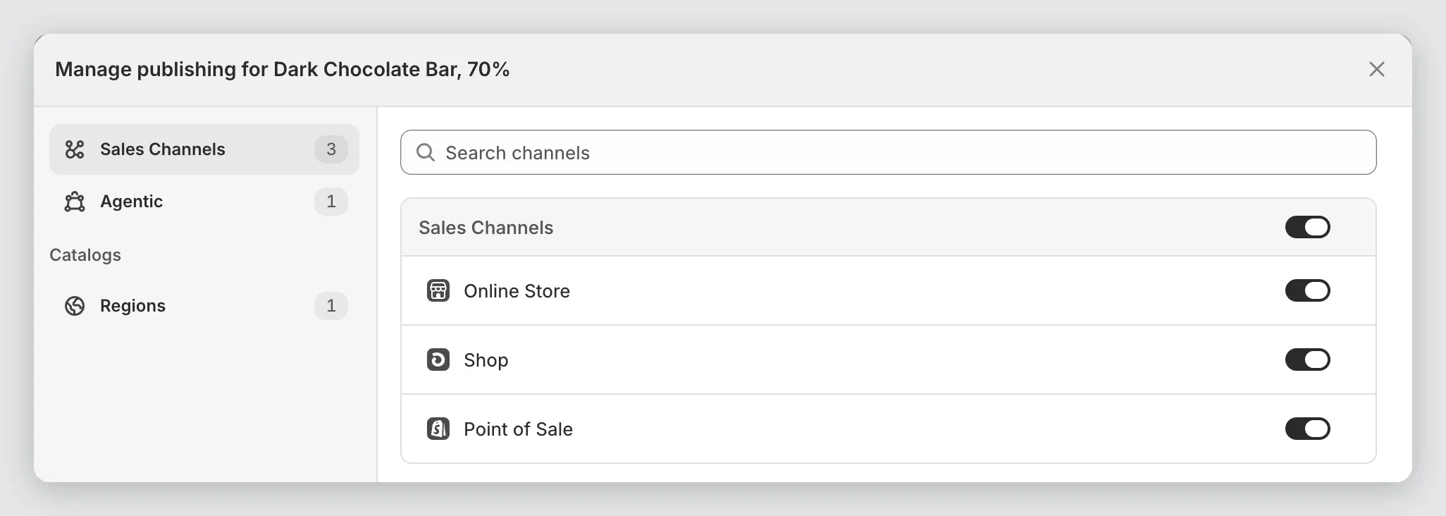 Shopify's Manage publishing window with Online Store switched on