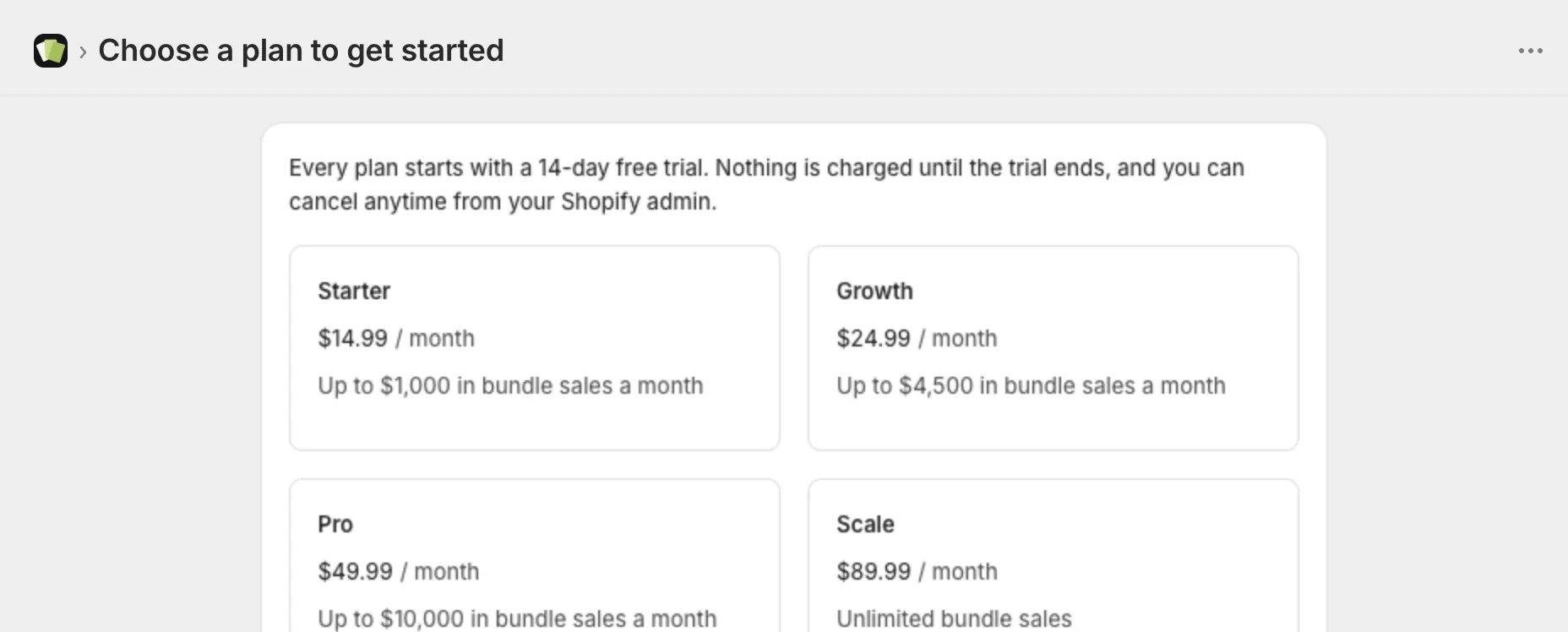 The Choose a plan to get started page with the four plans and the Start your free trial button