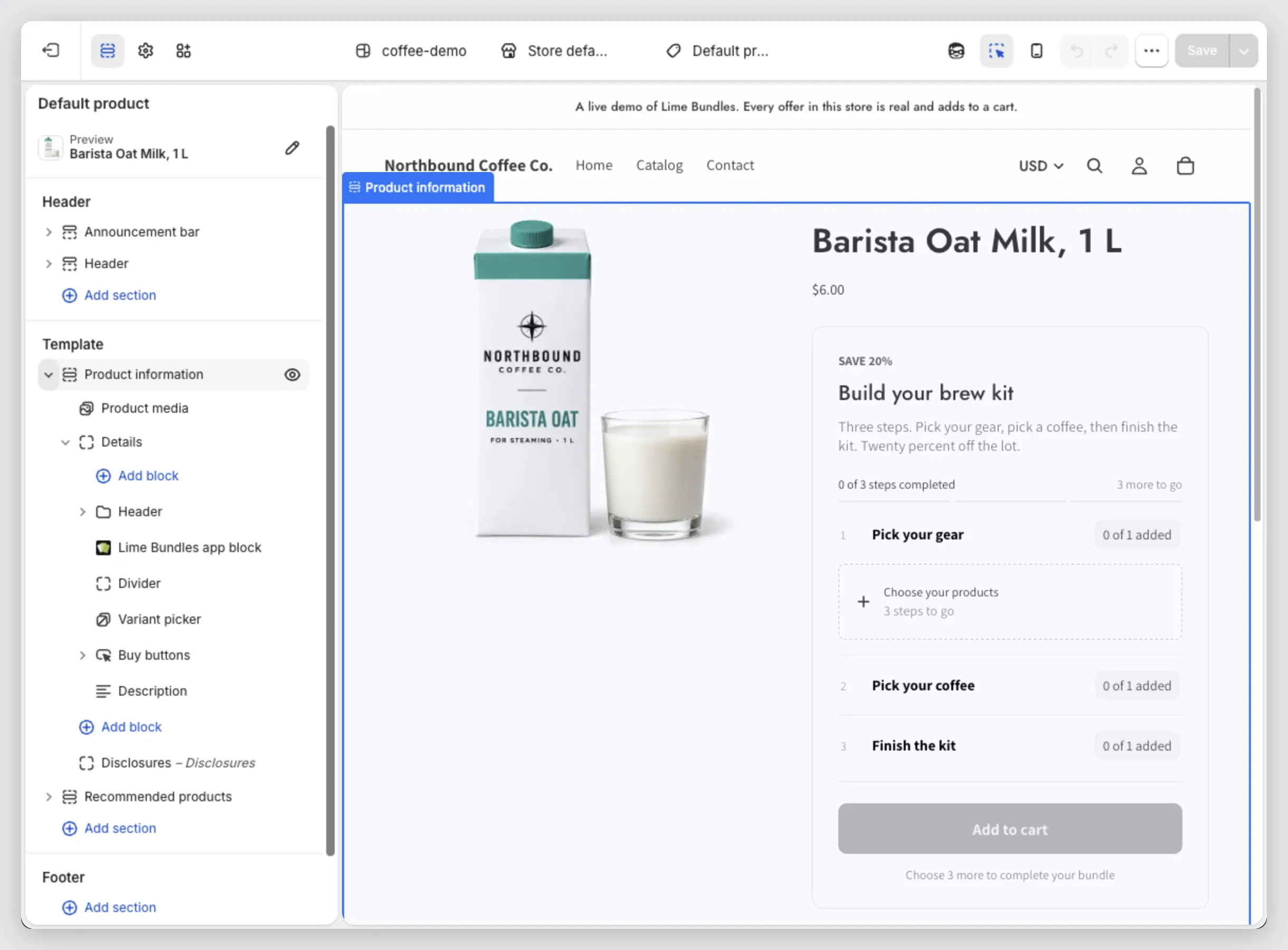 The theme editor with the Lime Bundles app block in the product page's section list