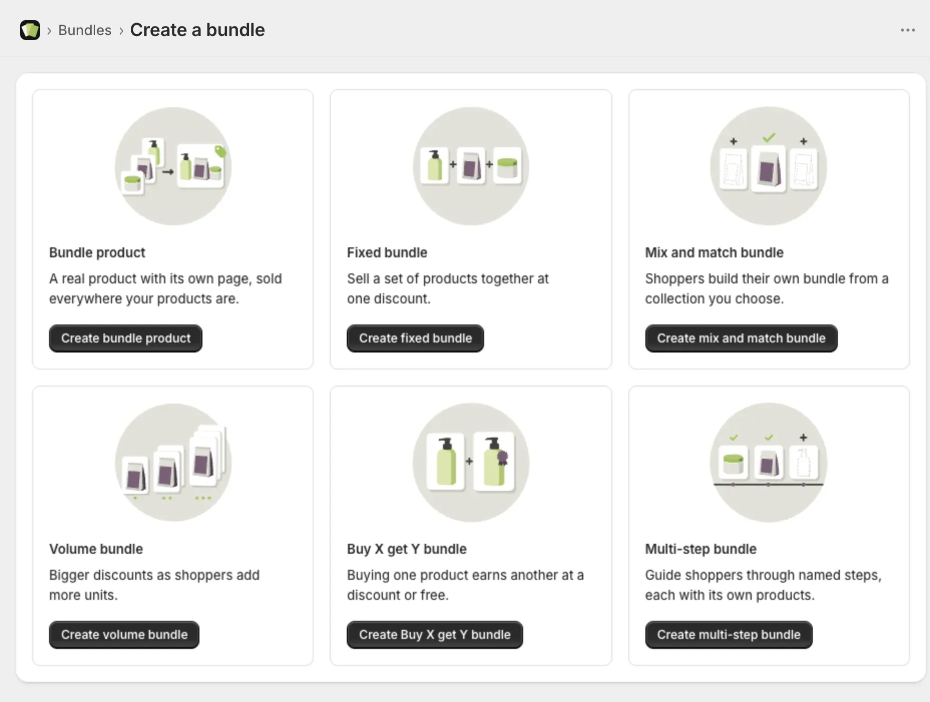 The Create a bundle page with all six bundle types