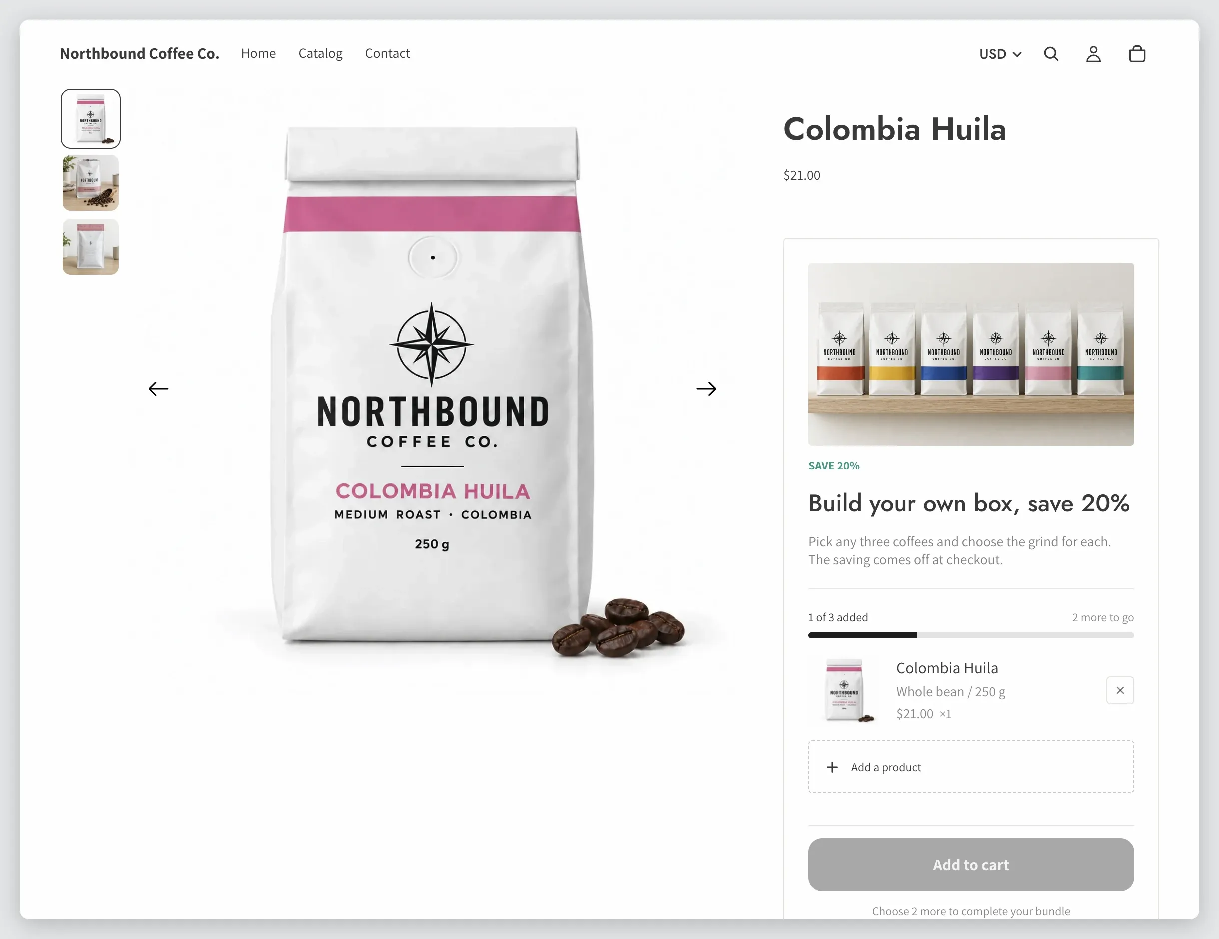A product page on the storefront with a mix and match bundle showing beside the product photos