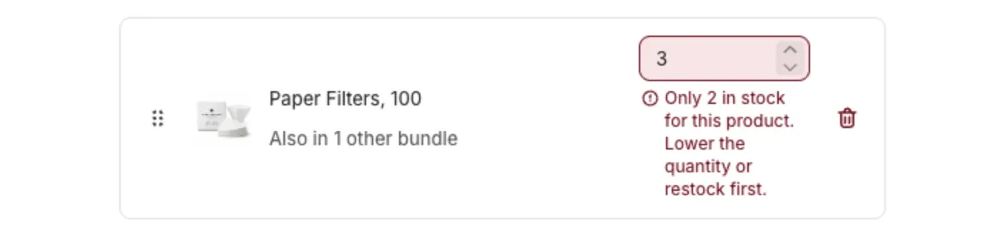 A quantity field on a bundle page with the message Only 2 in stock for this product under it