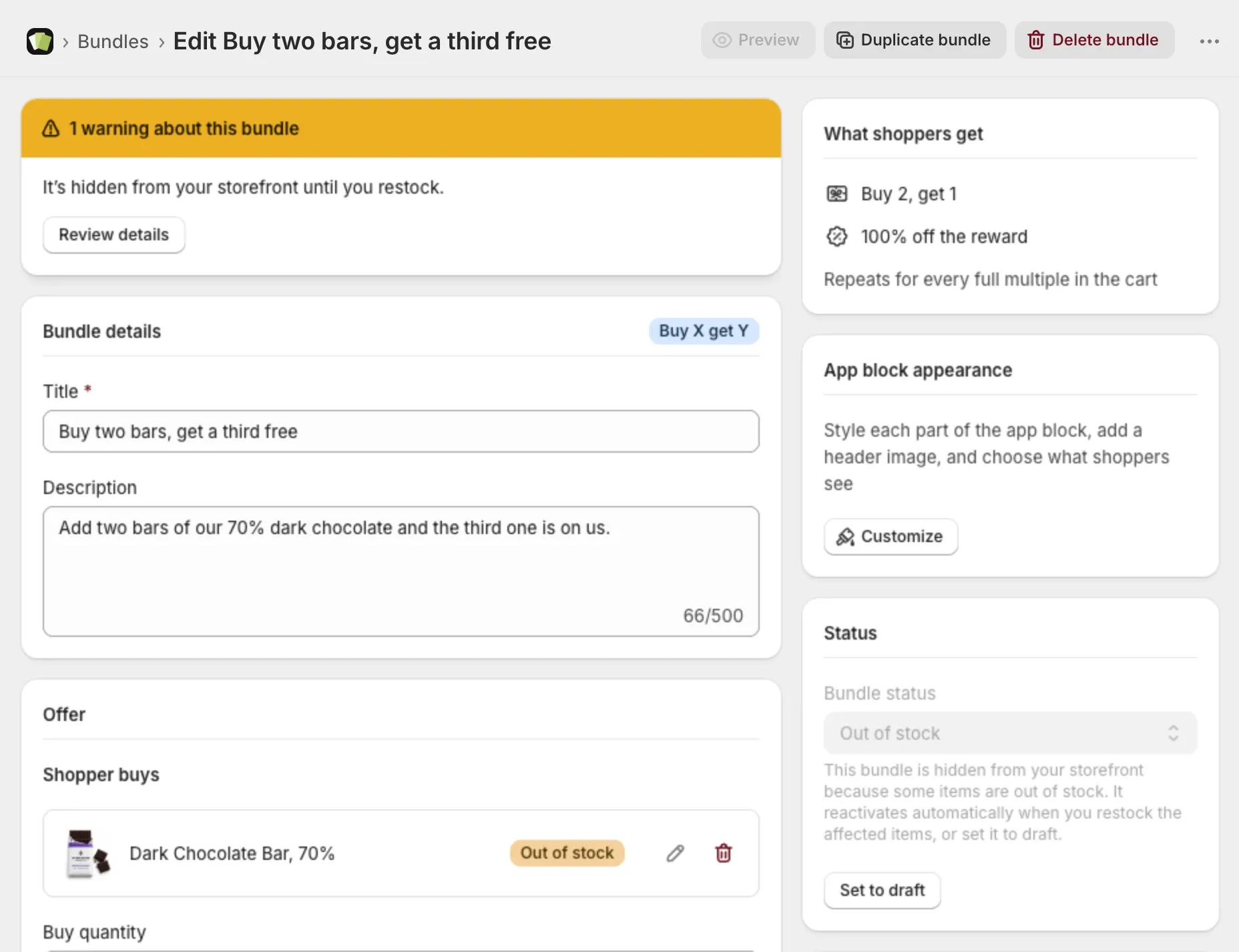A bundle page with the out of stock warning banner and the Status card locked on Out of stock