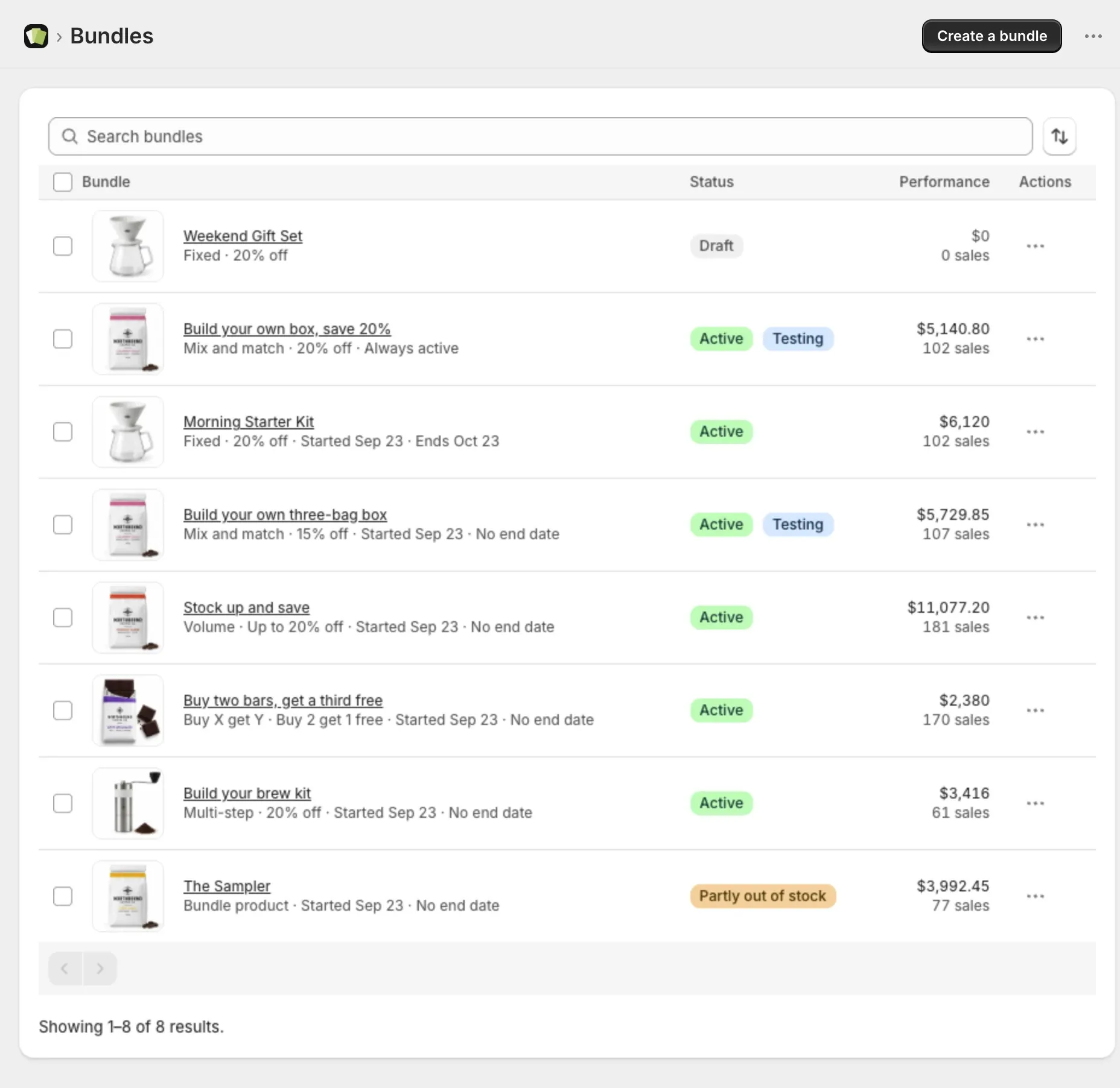 The Bundles list with Draft, Active, Testing and Partly out of stock badges