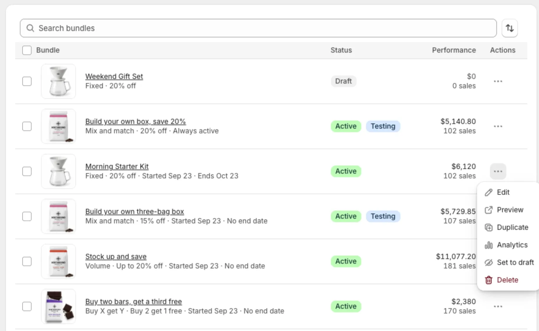 A bundle's menu open in the Bundles list, showing Edit, Preview, Duplicate, Analytics, Set to draft and Delete