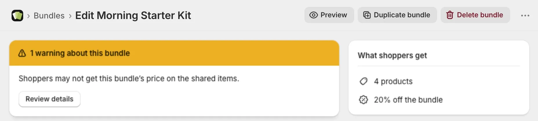 The top of a bundle page with the Preview, Duplicate bundle and Delete bundle buttons