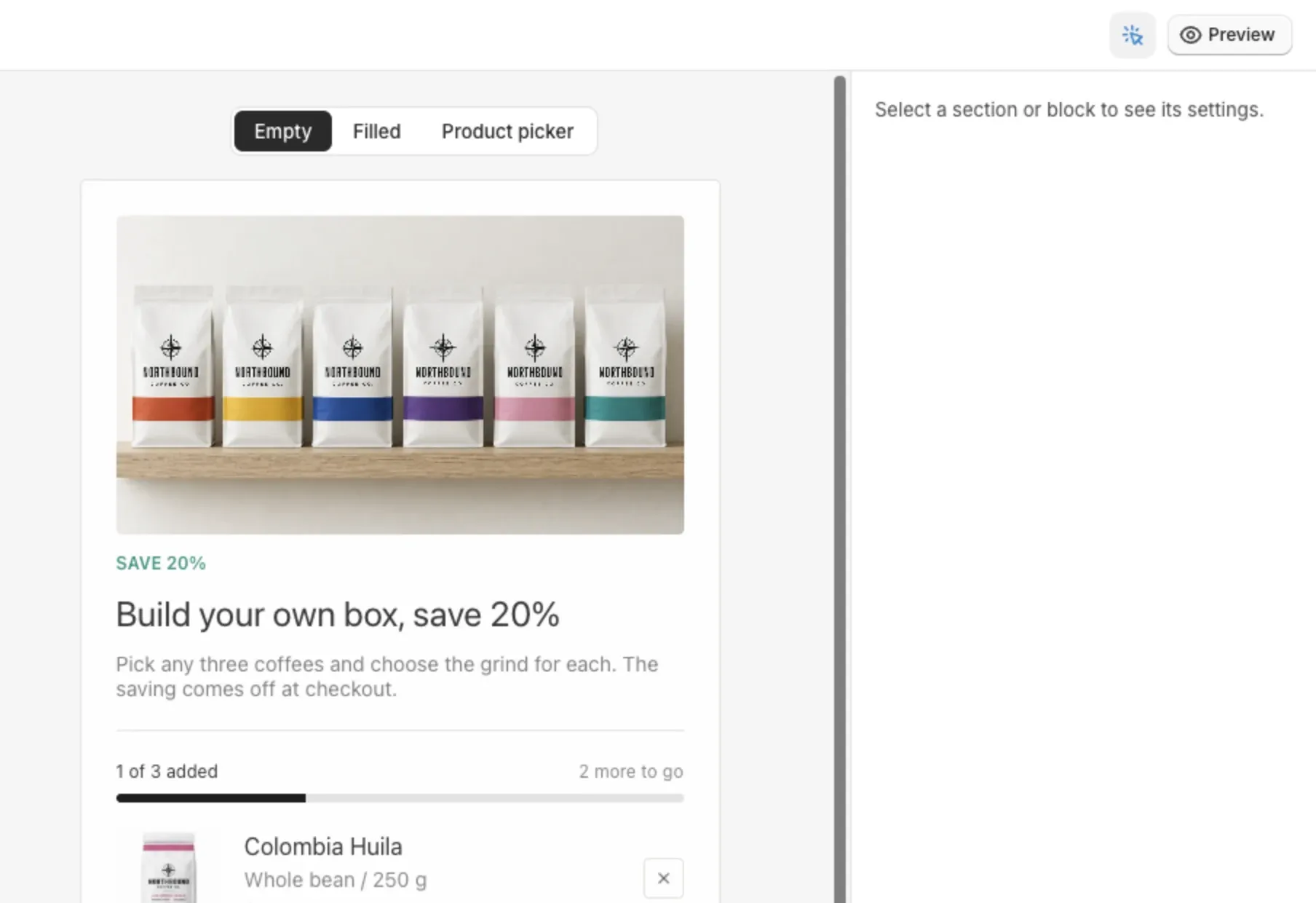 The Customize editor in preview mode with the Empty, Filled and Product picker tabs above the preview