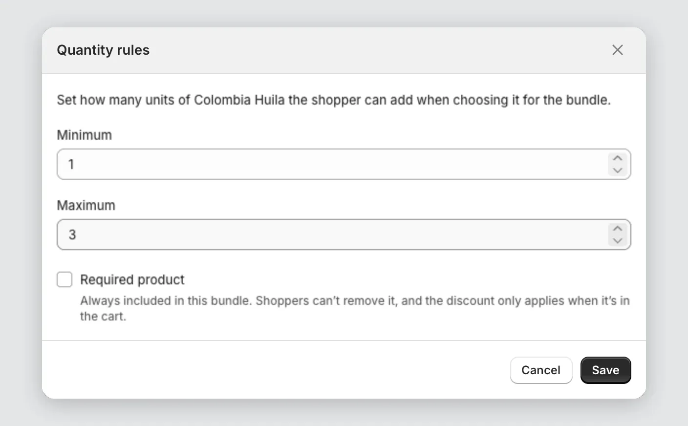 The Quantity rules window with Minimum, Maximum and Required product