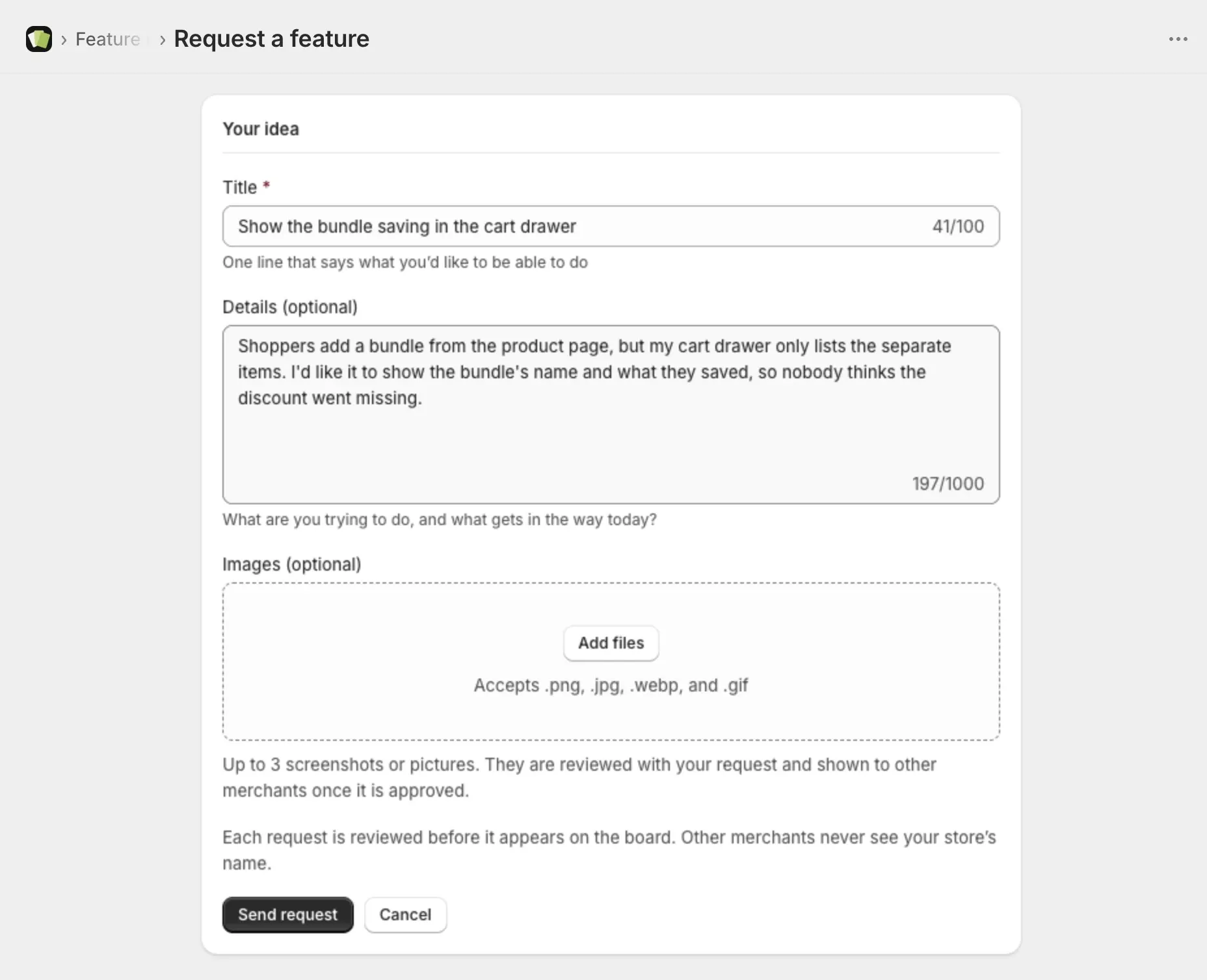 The Request a feature page with a title and details filled in