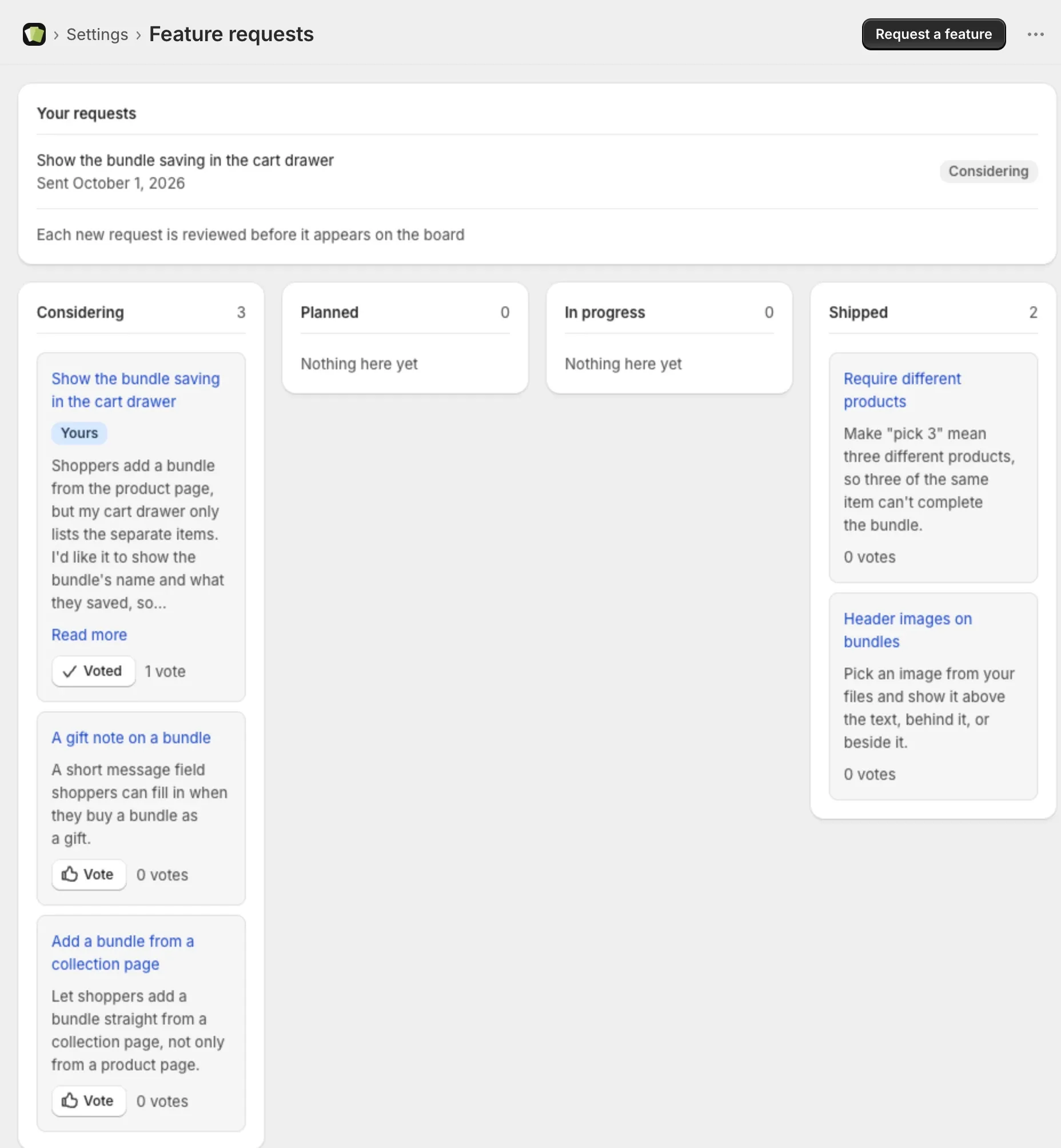 The Feature requests board with its four columns, a card marked Yours, and Vote buttons